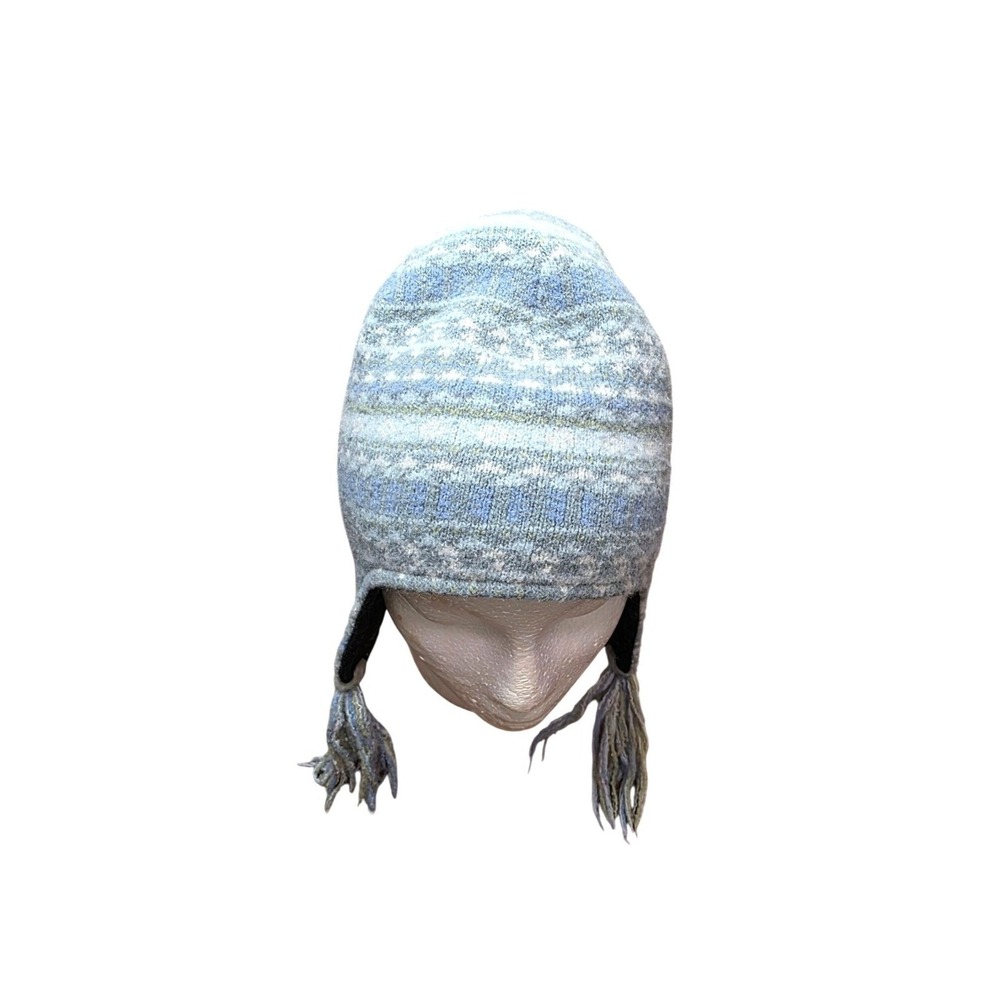 Columbia Women's OS Wool Blend‎ Earflap Hat Tassels Blue & White Nordic Pattern